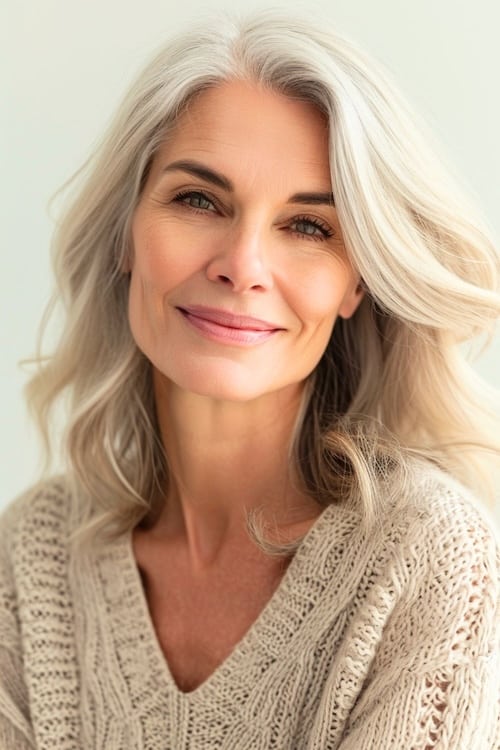 Shoulder-length white waves on older woman.