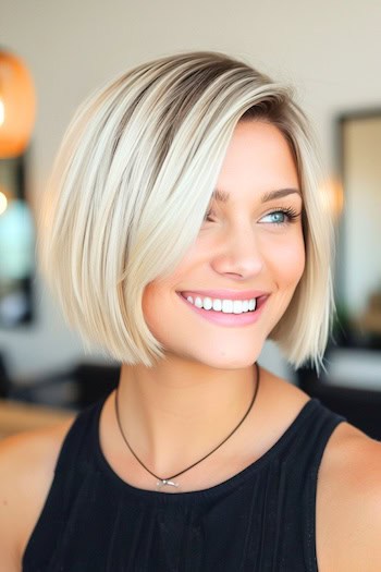 Side Parted Platinum Bob Short Hairstyle.