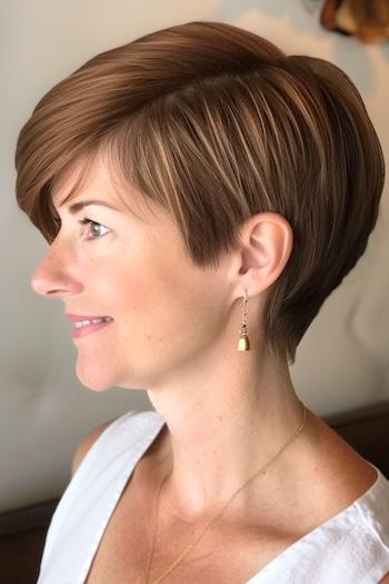 Side-Parted Tapered Pixie Hairstyle on a smiling woman with brown hair.