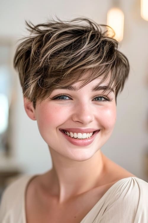 Side-swept bangs pixie cut.