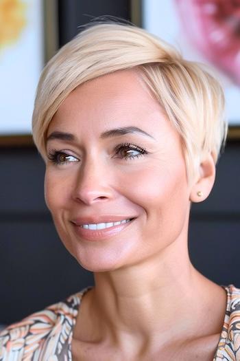 Side-Swept Blonde Pixie Hairstyle on a smiling woman with blonde hair.