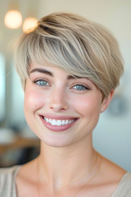 Side swept bowl cut pixie.