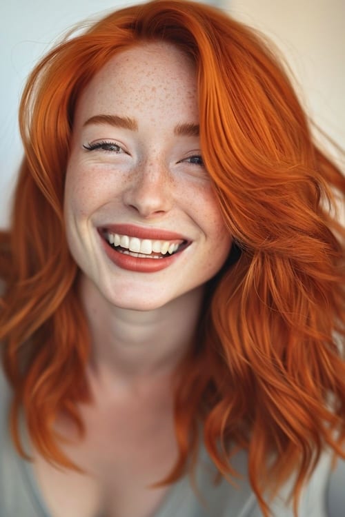 Side swept bright orange copper hair color on smiling woman.