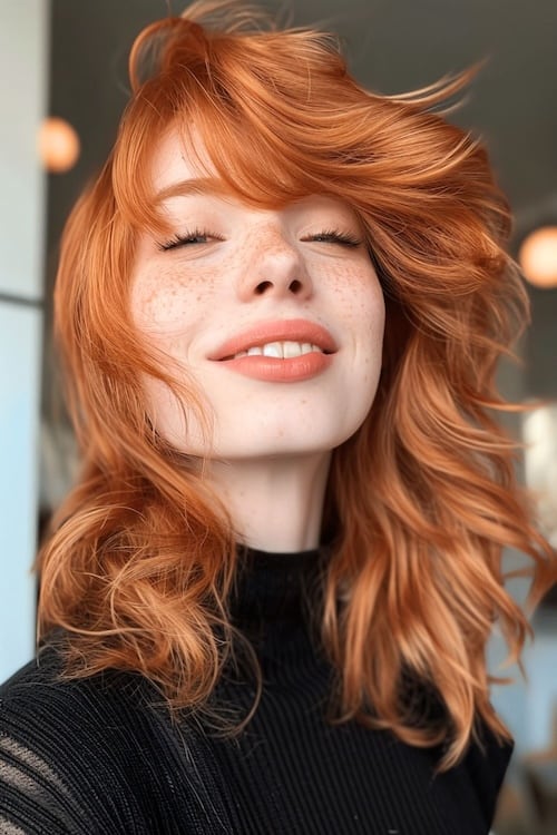 Side swept ginger shoulder-length haircut blowing to the side on softly smiling woman with squinted eyes.