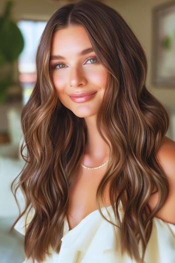 Silky Brunette Waves Hairstyle on a smiling woman with brown hair.