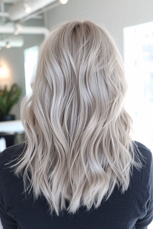 Silver ash blonde, shot from behind.