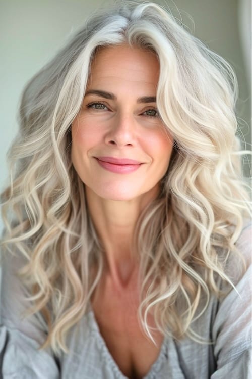 Silver blond waves on long haired woman over 50.