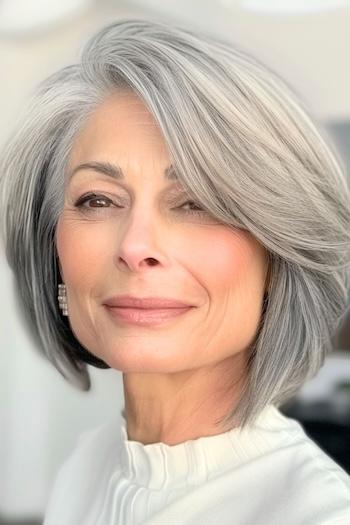 Silver Bob with Side Bangs Hairstyle on a smiling woman with gray hair.