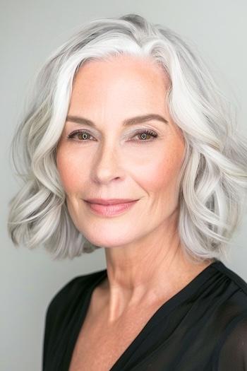 Silver Bob With Side Part Hairstyle on a smiling woman with medium silver hair.