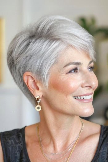 Silver Pixie Hairstyle on smiling older woman with gray hair.