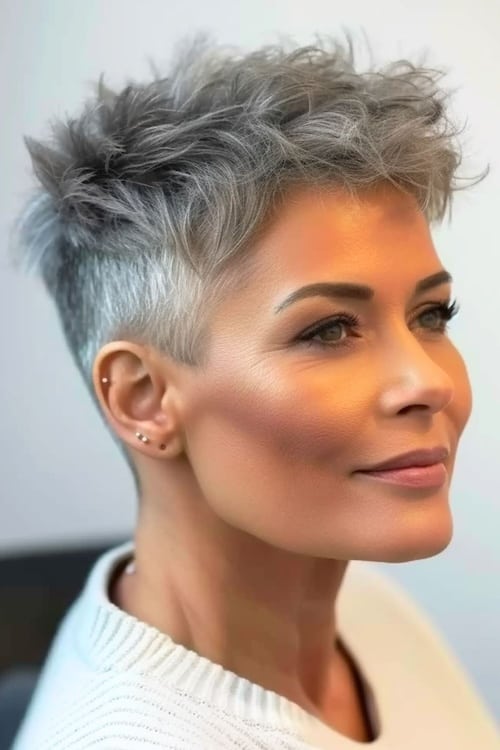 Silver pixie with undercut on older woman.