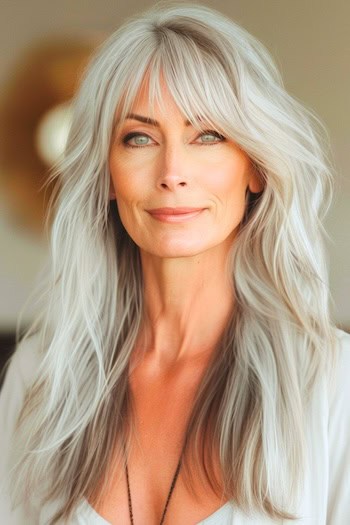 Silver Shag With Dark Undertones Hairstyle on smiling older woman with long gray hair.