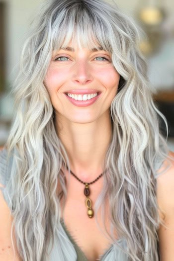 Silver Shag With Tousled Layers Hairstyle on smiling woman with long silver gray hair.