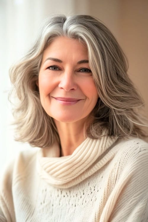 Silver shoulder-length hairstyle on over 50 smiling woman.