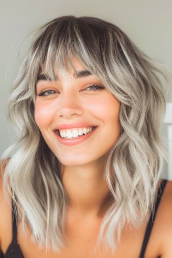 Silver Waves with Bangs Medium-length Hairstyle.