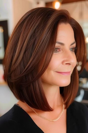 Sleek Angled Lob Hairstyle on a smiling woman with medium-length brown hair.