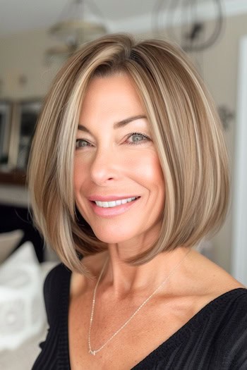 Sleek Bob With Face Framing Highlights Hairstyle For Women Over 40.