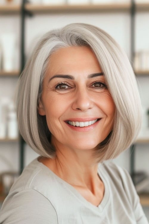 Sleek chin-length bob hairstyle on smiling older woman.