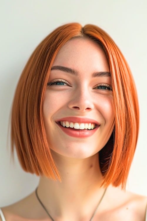 Sleek copper bob hairstyle on smiling woman.