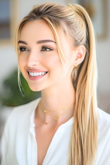 Sleek Long Blonde Ponytail Hairstyle on smiling woman with long hair.