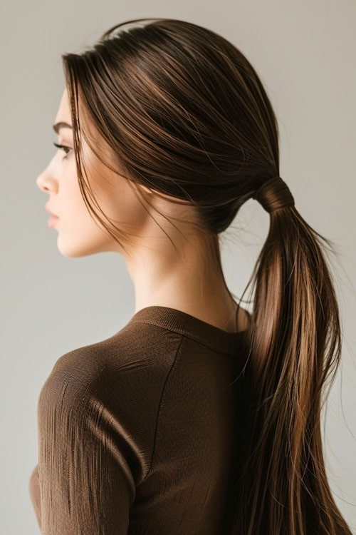 Sleek low ponytail on brown hair.