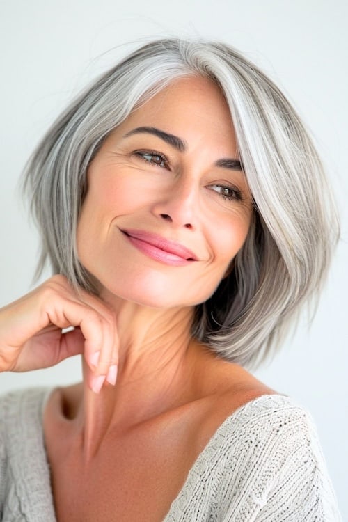 Sleek silver bob hairstyle on older woman.