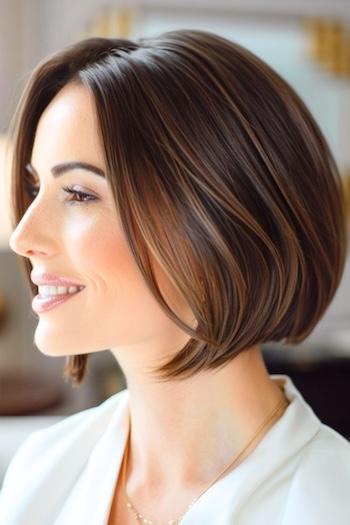 Sleek Straight Bob Hairstyle on a smiling woman with brown hair.