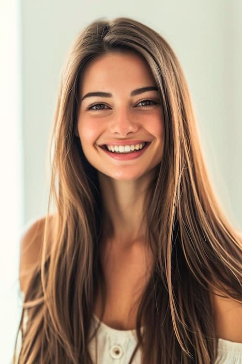 Smiling woman with long straight brown hair.