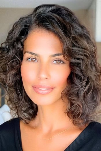 Soft Curls with Side Part Hairstyle on smiling woman with brown hair.