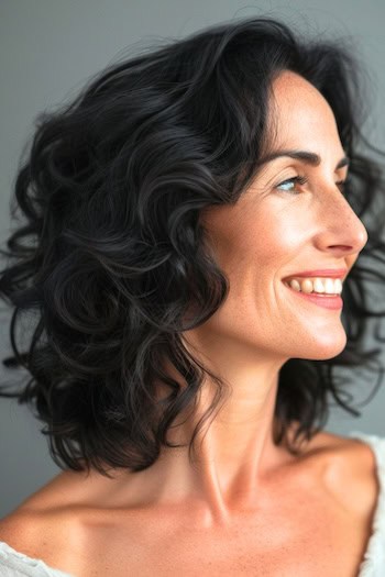 Soft Curly Long Bob Hairstyle on smiling older woman with dark brown hair, side view.