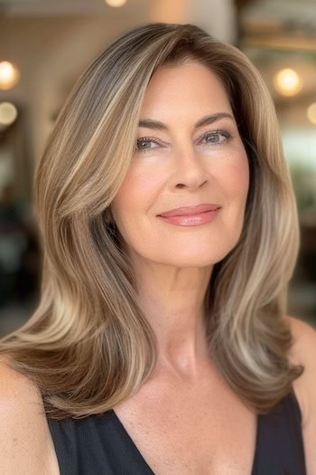 Soft Layered Blowout Hairstyle on a smiling woman with medium-length brown hair and blonde highlights.