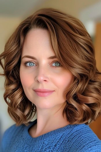 Soft Shoulder-Length Curls Hairstyle on smiling woman with brown hair.