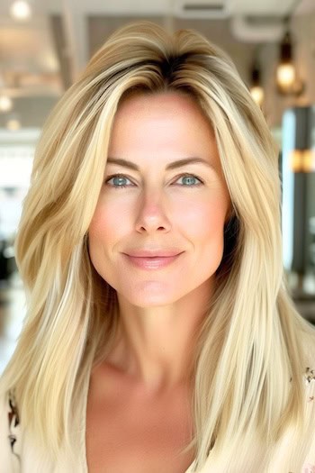 Soft Shoulder-Length Feathered Layers Hairstyle on a smiling woman with bright blonde hair.