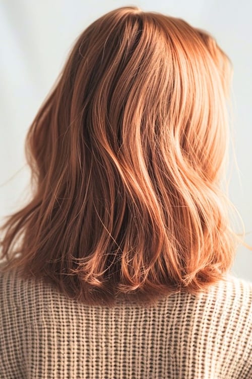 Soft warm cinnamon hair color on woman with slightly longer than shoulder-length hair, shot from back.