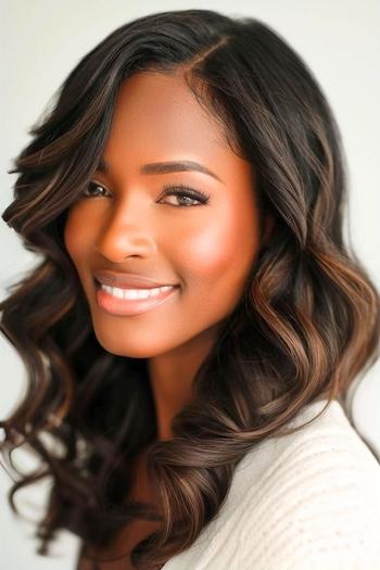 Soft Waves with Subtle Highlights Hairstyle on a smiling woman with dark brown hair.