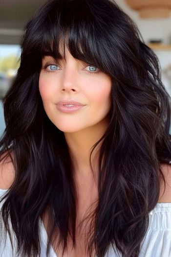 Soft Wavy Dark Shag Hairstyle on smiling woman with midnight brown hair.