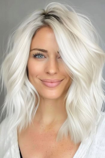 Soft White Blonde Waves Medium-length Hairstyle.