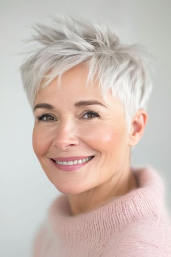 Spiky Silver Pixie Hairstyle on smiling older woman with light gray hair.