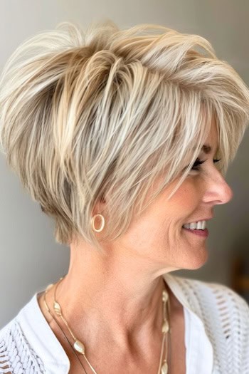 Stacked Pixie Bob Hairstyle on smiling older woman with blonde hair.