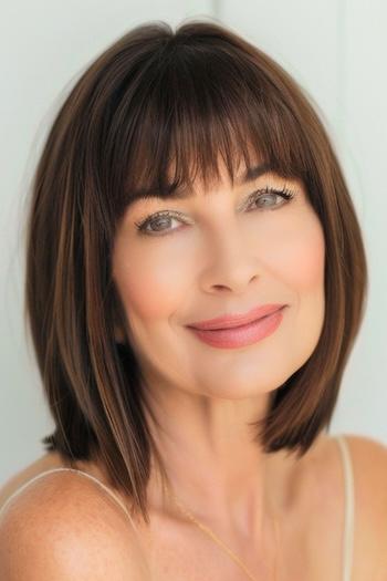 Straight Bob With Bangs Hairstyle on a smiling older woman with brown hair.