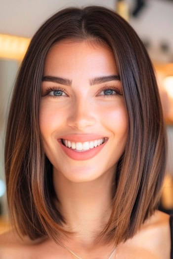 Straight Chocolate Lob With Subtle Highlights Hairstyle on smiling woman with brown hair.