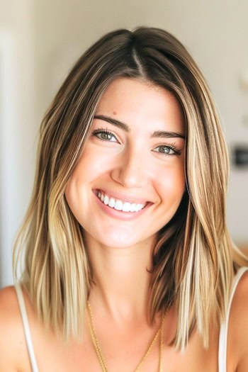 Straight Highlighted Lob Hairstyle on smiling woman with brown hair and blonde highlights.