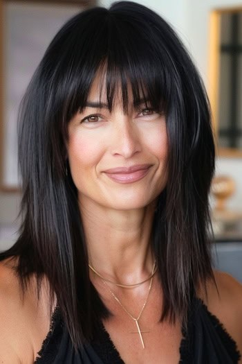 Straight Layers With Bangs Hairstyle on a smiling woman with medium-length dark brown hair.