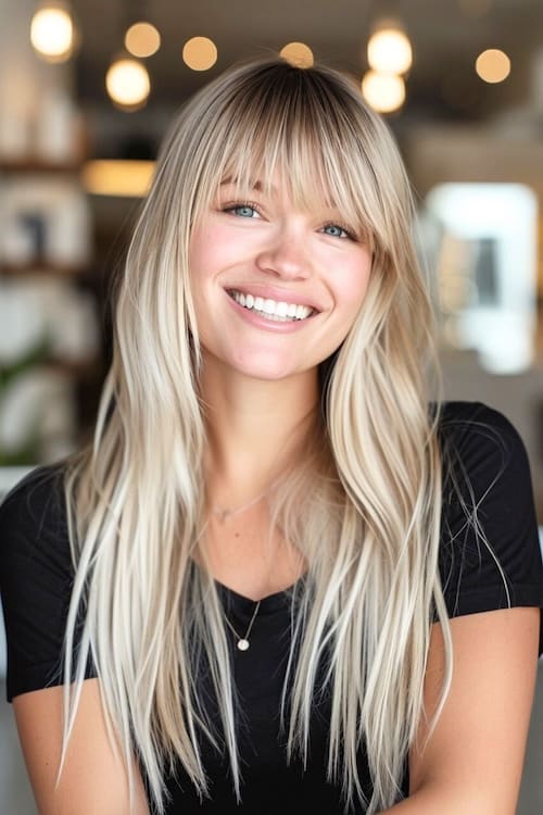 Straight long blonde hair with bangs on smiling woman.