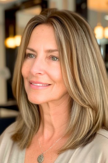 Straight Shoulder-Length Lob (Long Bob) Hairstyle on a smiling woman with medium-length brown hair, side view.