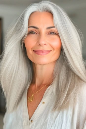 Straight Silver Medium-Length Cut For Thick Hair Hairstyle on a smiling woman with gray hair.