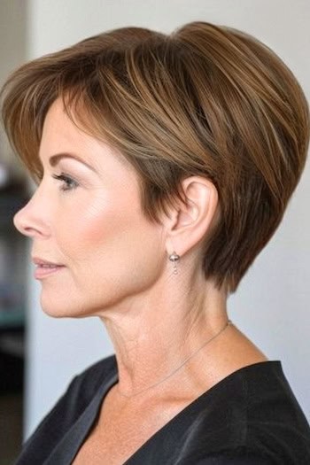 Straight Stacked Pixie Hairstyle on older woman with brown hair, side view.