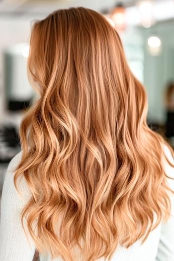 Strawberry Blonde Waves Hairstyle on a woman with strawberry blonde hair, back view.