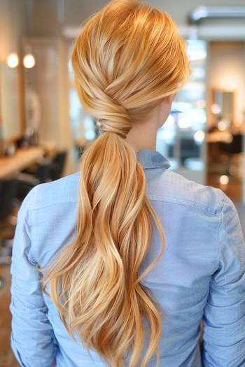 Strawberry Blonde Wavy Low Ponytail Hairstyle on woman with long hair, back view.