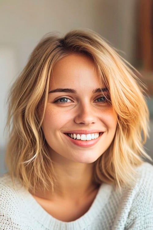 Sun-kissed honey blonde hair color with caramel tones on smiling woman with shoulder length hair.